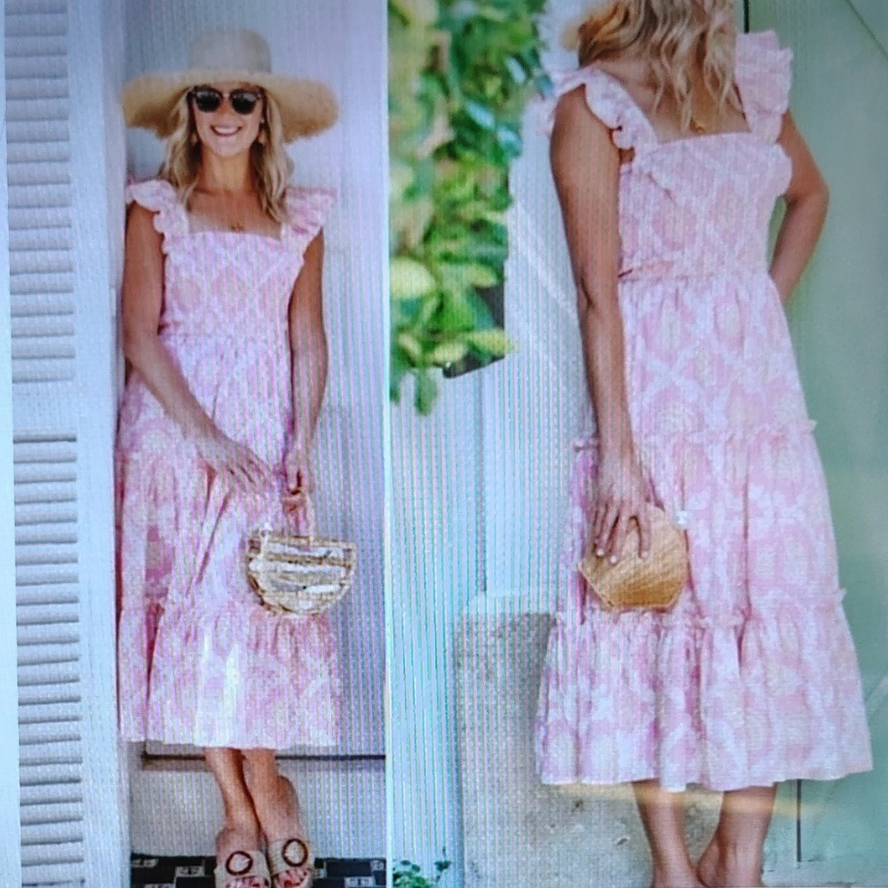 Sail To Sable Palm Beach CottageCore Pink Midi Sundress Smocked.Chinosere Sz S